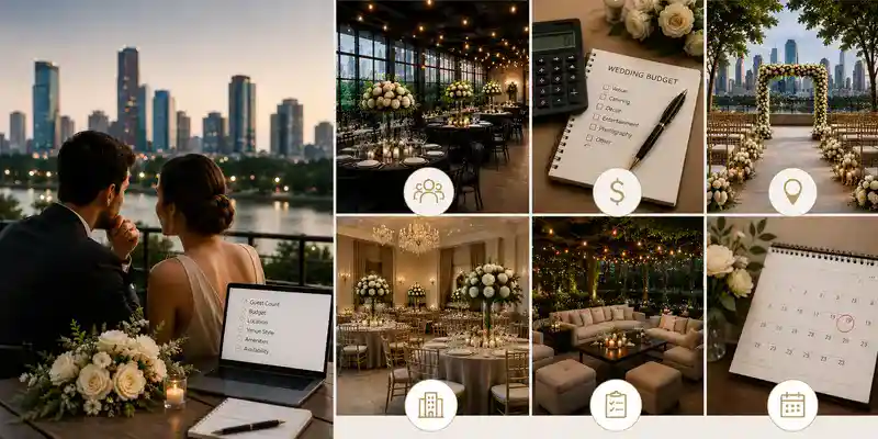 Couple planning a Houston wedding venue with reception inspiration, budget checklist, ceremony settings, amenities, and calendar planning.